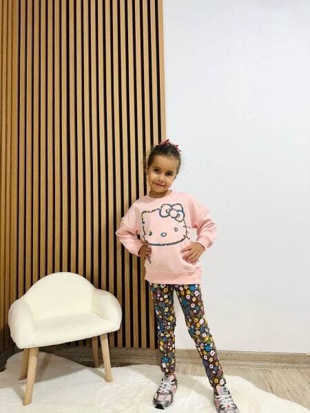 Karakter Desenli Çiçekli Taytlı Takım - Pembe