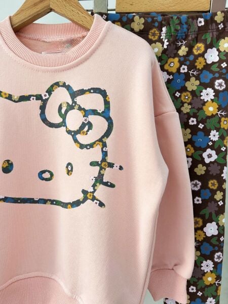 Karakter Desenli Çiçekli Taytlı Takım - Pembe