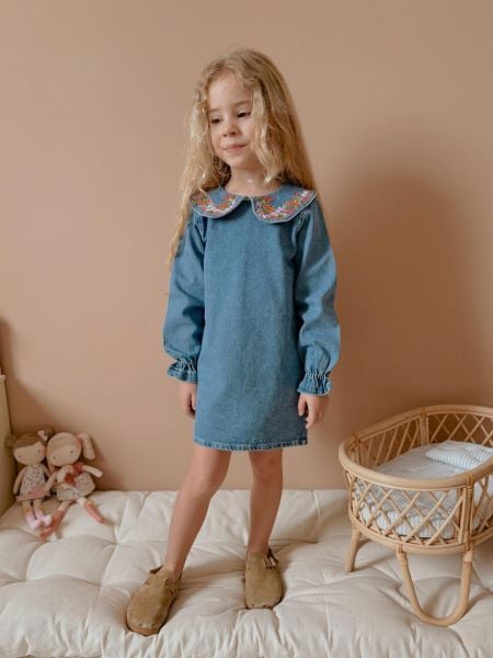 Yakası Nakışlı Denim Elbise - Mavi