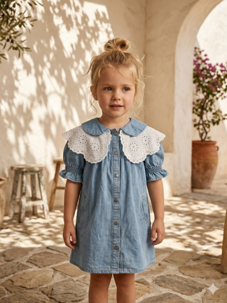 Asarkids  Dantel Yakalı Arkası Kulaklı Denim Elbise - Mavi