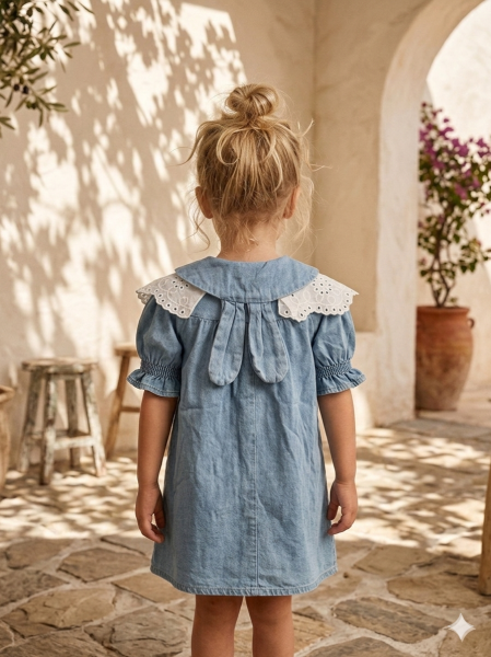Asarkids  Dantel Yakalı Arkası Kulaklı Denim Elbise - Mavi