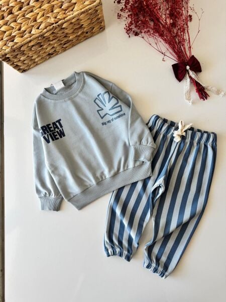 Çizgili Pantolonlu Sloganlı Takım - Mavi