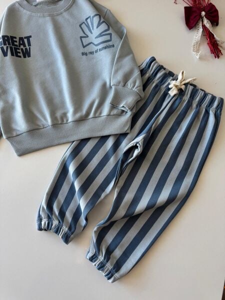 Çizgili Pantolonlu Sloganlı Takım - Mavi
