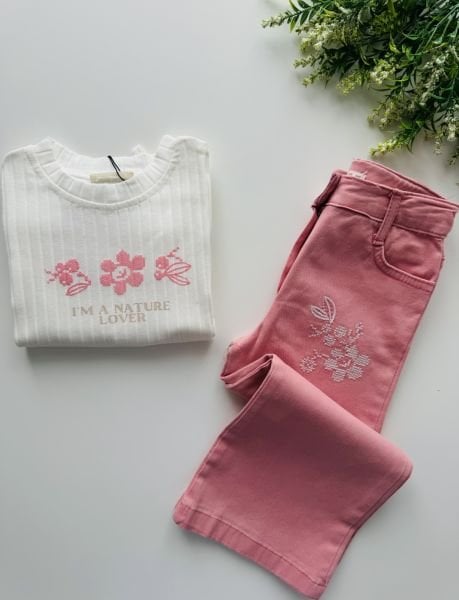 Kanaviçe İşlemeli Pantolonlu 2'li Miray Set - Beyaz