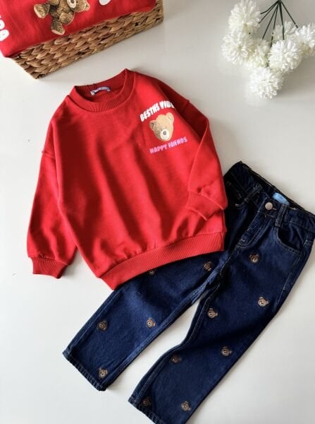 Ayıcık Baskı Nakışlı Denim Pantolonlu 2'li Set - Kırmızı