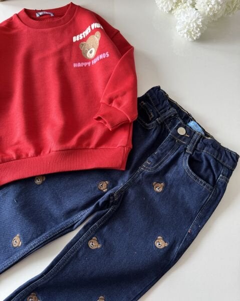 Ayıcık Baskı Nakışlı Denim Pantolonlu 2'li Set - Kırmızı