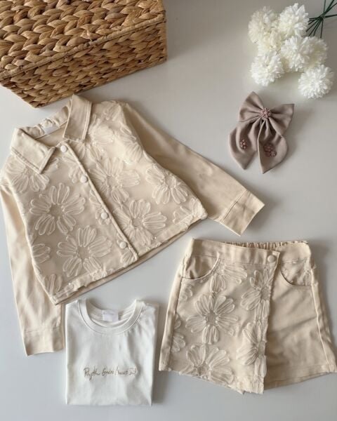 Asar Kids Çiçek İşlemeli Şort Etekli 2'liTakım - Krem