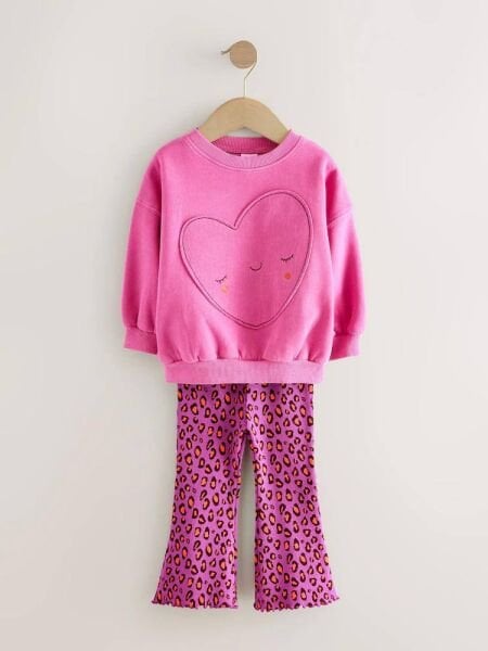 Leopar Kalp Desenli Taytlı Takım - Pembe