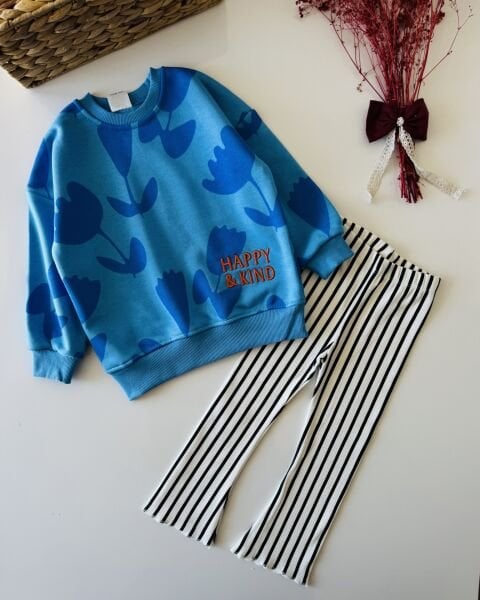 Lale Baskılı Çizgili Takım - Mavi