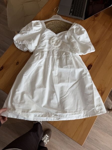 Asarkids  Gül Aplikeli Astarlı Dökümlü Kol Elbise - Beyaz