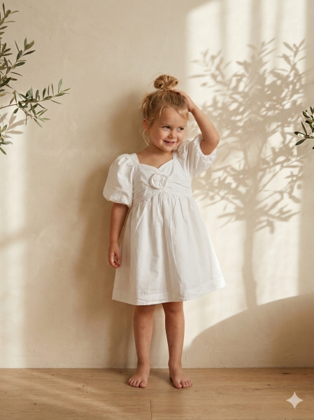 Asarkids  Gül Aplikeli Astarlı Dökümlü Kol Elbise - Beyaz