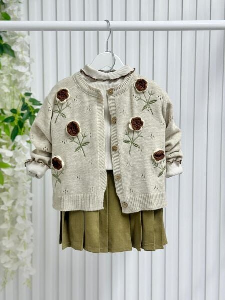 Triko Çiçek Aplikeli Etekli 3’lü Set - Haki