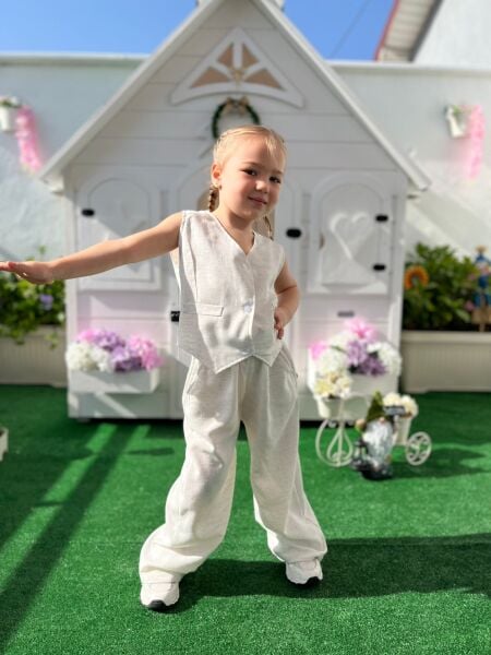 Keten Yelekli Nehir Takım - Ekru