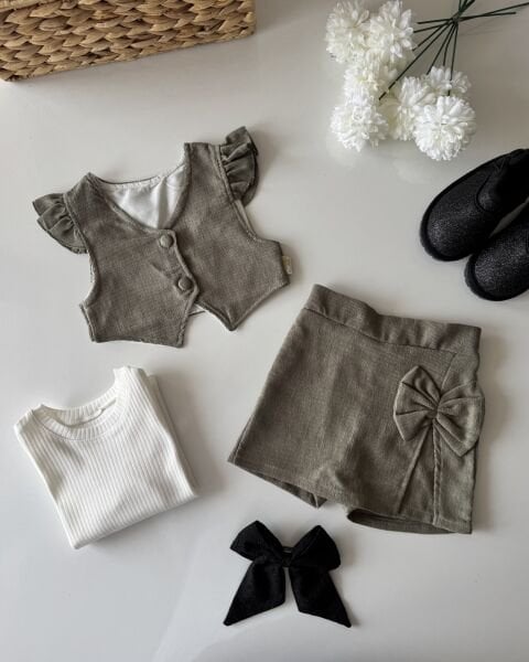 Kadife Şort Etekli Yelekli Takım - Yeşil