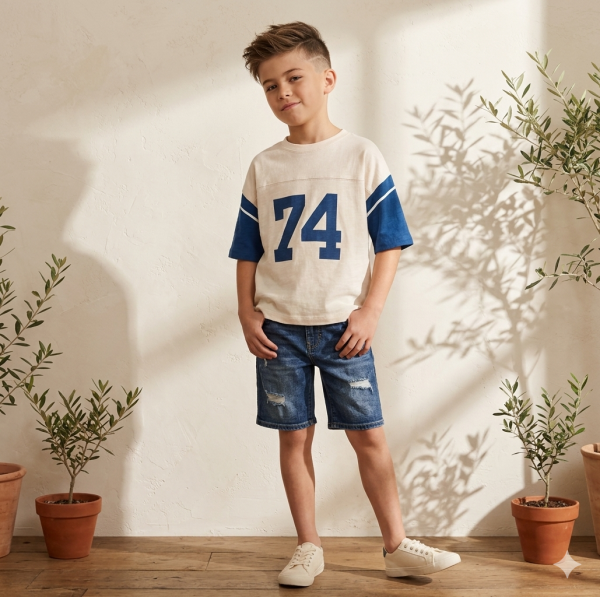 Asarkids  Sayı Sloganlı Tişört - MAvi Krem