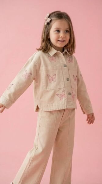 Asarkids Kelebek Nakışlı Denim Ceketli Takım - Pembe Krem