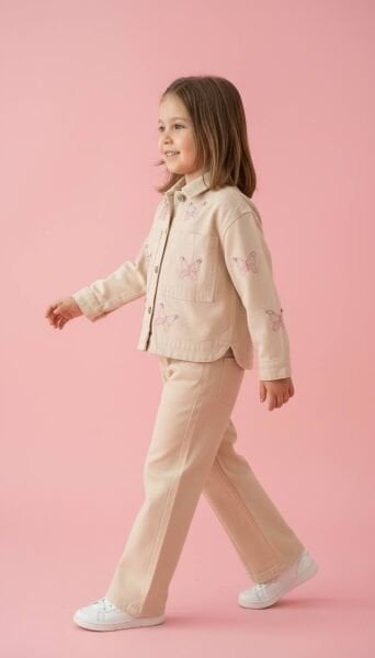 Asarkids Kelebek Nakışlı Denim Ceketli Takım - Pembe Krem