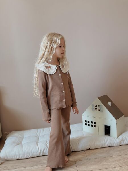 Yaka Nakışlı Ribana Taytlı Takım - Kahve