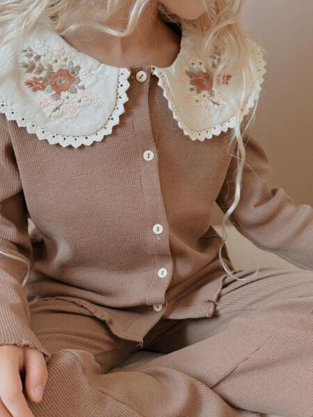 Yaka Nakışlı Ribana Taytlı Takım - Kahve