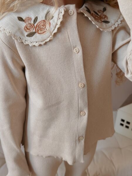 Yaka Nakışlı Ribana Taytlı Takım -  Bej