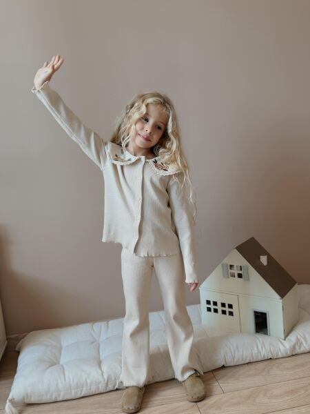 Yaka Nakışlı Ribana Taytlı Takım -  Bej