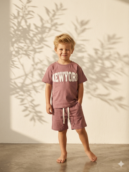 Asarkids  New York Punch Nakışlı 2'li Şortlu Takım - Mürdüm