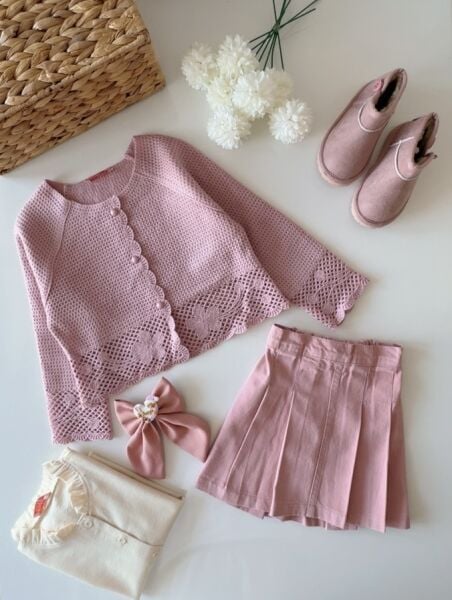 Triko Hırkalı Gabardin Etekli 3'lü Set - Pudra Pembe