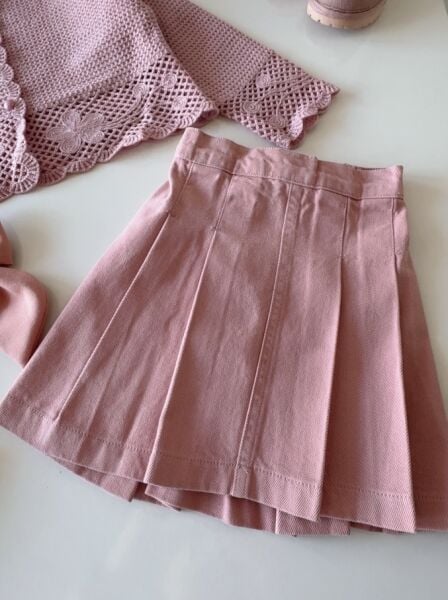 Triko Hırkalı Gabardin Etekli 3'lü Set - Pudra Pembe