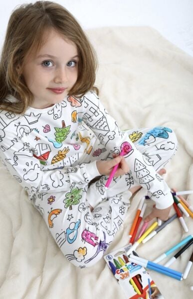 Asar Kids Boyamalı Pijama Takımı - Çok Renkli Kalem Hediyeli