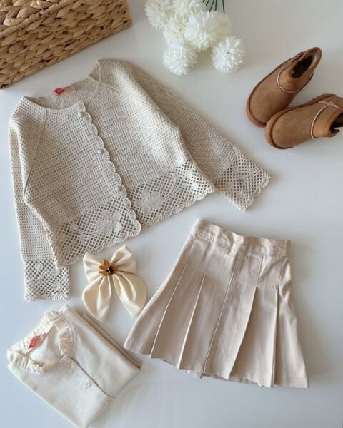 Triko Hırkalı Gabardin Etekli 3'lü Set - Bej