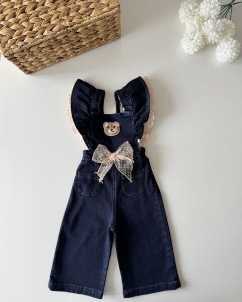 Asar Kids Ayıcık Bakışlı Kolları Tüllü Salopet - Mavi