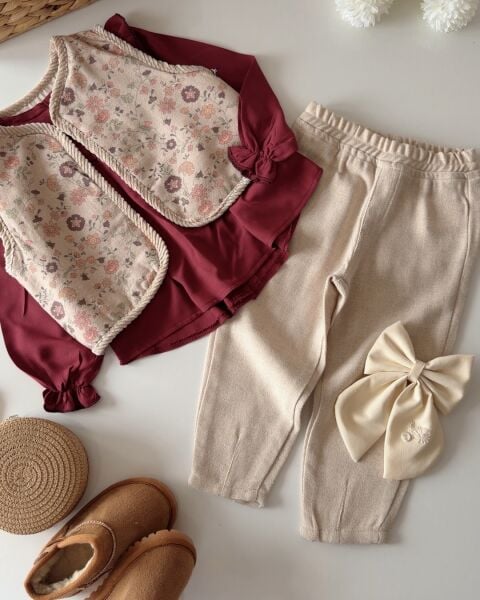 Asar Kids Etnik Desen Yelekli 3'lü Takım - Bordo