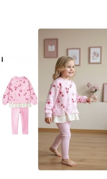 Gömlek Detaylı Çiçekli Taytlı Takım - Pembe