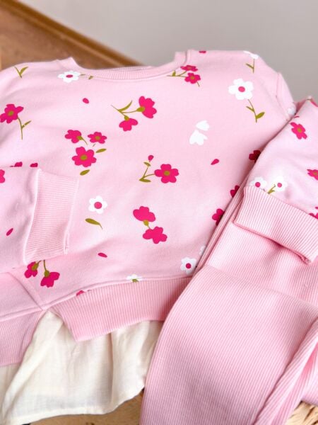 Gömlek Detaylı Çiçekli Taytlı Takım - Pembe