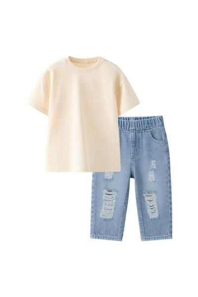 La'ciel Paris Yırtık Detay Kıvanç 2'li  Takım - Mavi Krem