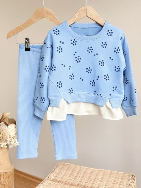 Gömlek Detaylı Çiçekli Taytlı Takım - Mavi
