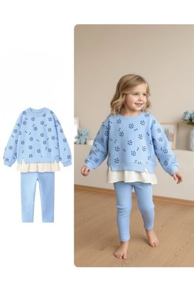 Gömlek Detaylı Çiçekli Taytlı Takım - Mavi