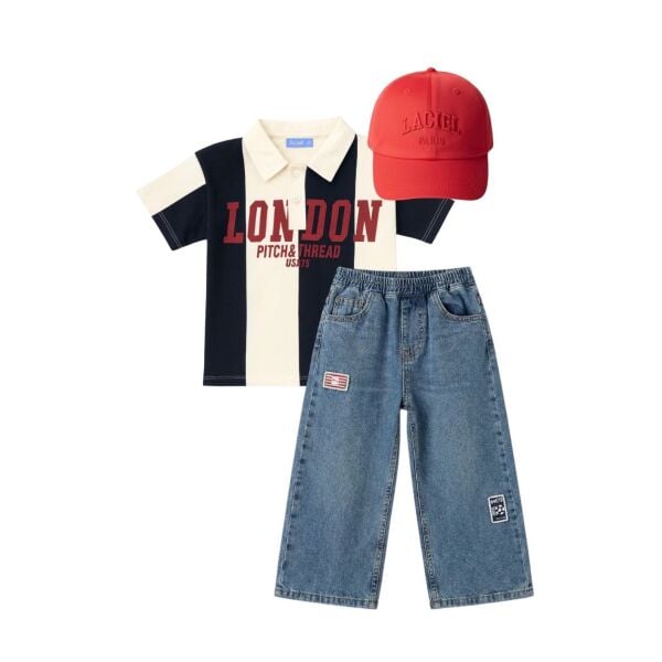 Asarkids London Yakalı Yıkamalı Tişört ve Pantolon - Mavi