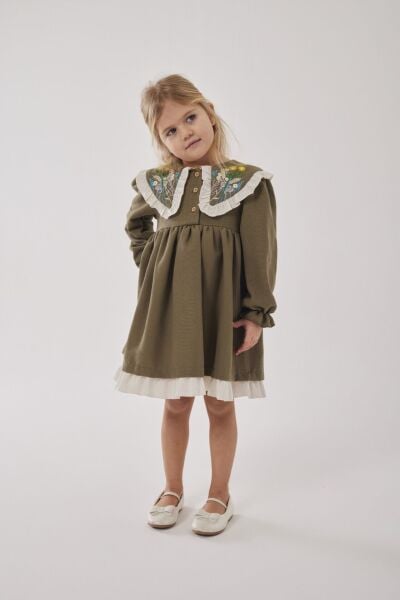 Asar Kids Alaçatı Yaka Nakış Elbise - Yeşil