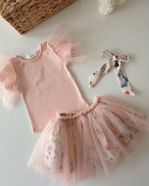 Asar Kids Tül Tütü Etekli Ribana Etekli 2'li Takım - Pudra Pembe