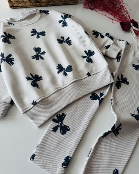 Fiyonk Baskılı Taytlı İpek Takım - Gri