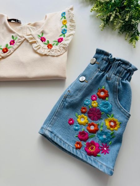 Nisa Denim Etekli Takım - Krem