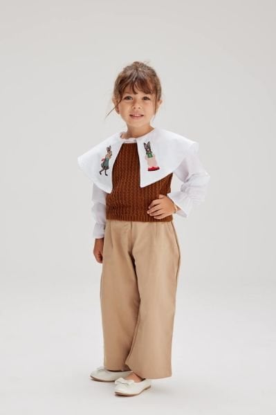 Nakışlı Gömlekli Gabardin Pantolon Triko 2'li Set - Kahve