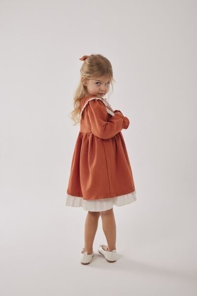 Asar Kids Alaçatı Yaka Nakış Elbise - Turuncu