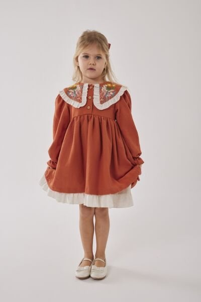 Asar Kids Alaçatı Yaka Nakış Elbise - Turuncu