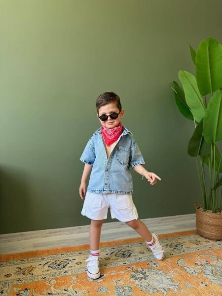 Asarkids Denim Şort ve Gömlek 2'li Takım - Mavi Beyaz