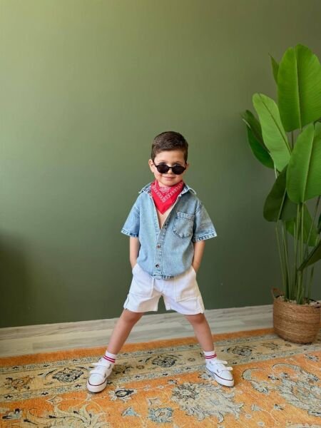 Asarkids Denim Şort ve Gömlek 2'li Takım - Mavi Beyaz