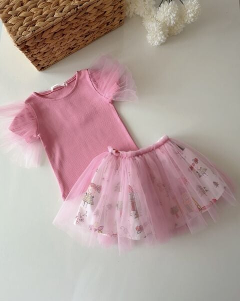 Asar Kids Tütü Etekli Ribana Etekli 2'li Takım - Pembe