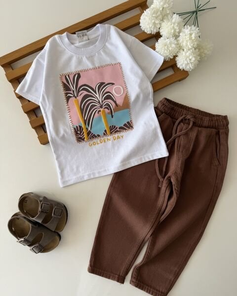 Asarkids Gabardin Pantolonlu Bohem 2'li Takım - Kahve Beyaz