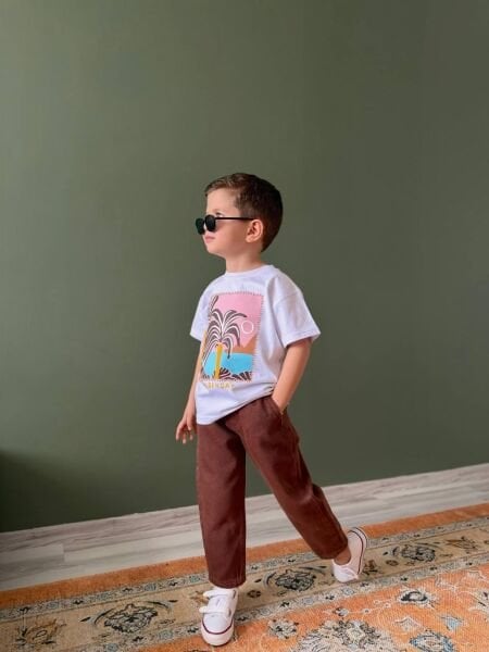 Asarkids Gabardin Pantolonlu Bohem 2'li Takım - Kahve Beyaz